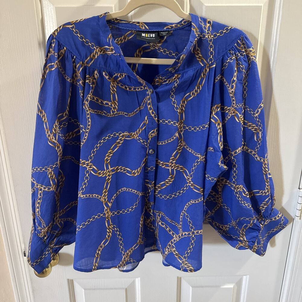 Maeve Medium Anthropologie Blue Chain Light Weight Puffy Sleeve Button Up Shirt